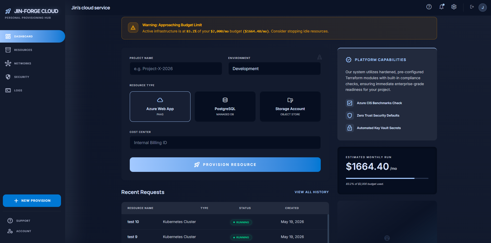 Jin Forge Cloud management console showing system metrics, budget thresholds, resource selector states, and recent transaction logs